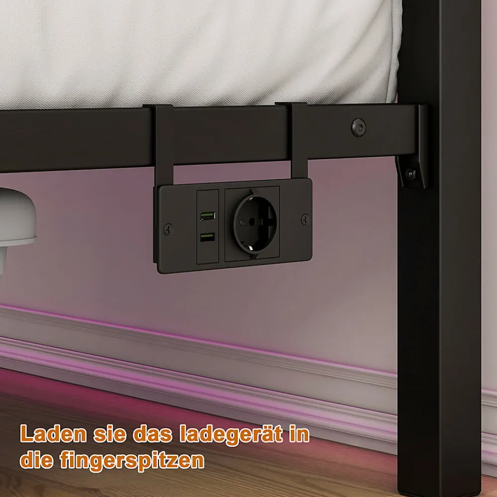Lit Simple 120x200 cm, Lit Métal Ado Vintage avec LED et USB, Sans Matelas, MDF et Métal, Noir/Brun>Okwish New