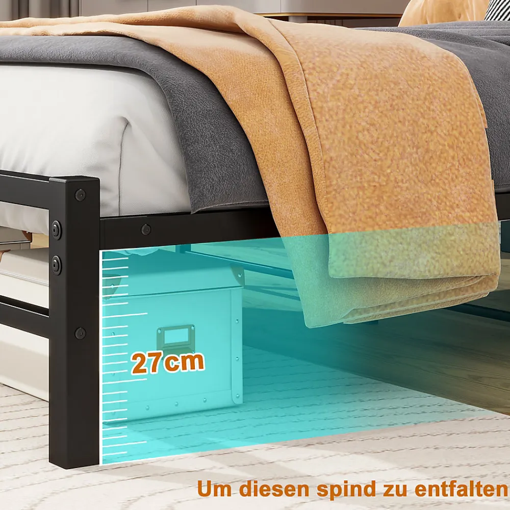 Lit Simple 120x200 cm, Lit Métal Ado Vintage avec LED et USB, Sans Matelas, MDF et Métal, Noir/Brun>Okwish New