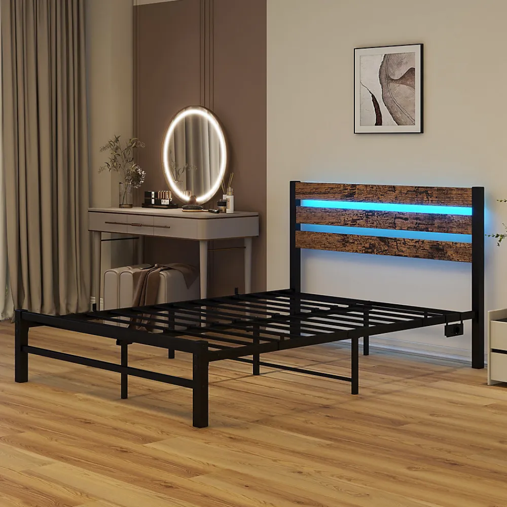 Lit Simple 120x200 cm, Lit Métal Ado Vintage avec LED et USB, Sans Matelas, MDF et Métal, Noir/Brun>Okwish New