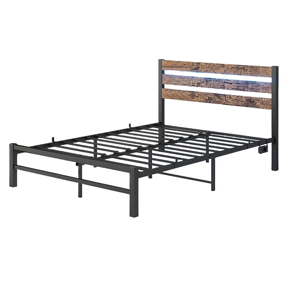 Lit Simple 120x200 cm, Lit Métal Ado Vintage avec LED et USB, Sans Matelas, MDF et Métal, Noir/Brun>Okwish New