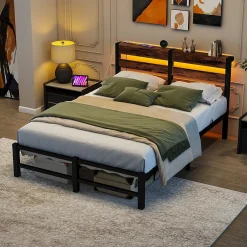 Lit Simple 120x200 cm, Lit Métal Ado avec Éclairage LED et Prises USB, Rangement dessous, Sans Matelas, Métal et Bois, Noir, Brun><noscript><img width=