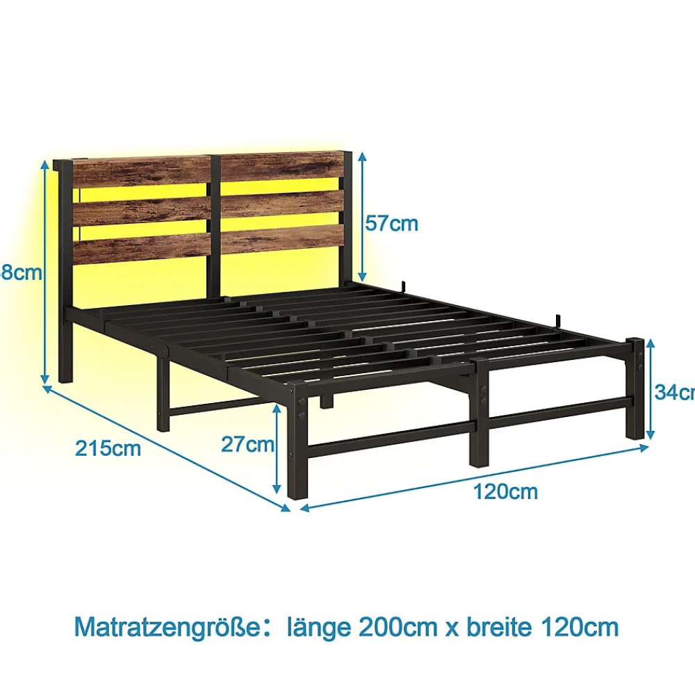 Lit Simple 120x200 cm, Lit Métal Ado avec Éclairage LED et Prises USB, Rangement dessous, Sans Matelas, Métal et Bois, Noir, Brun>Okwish Online