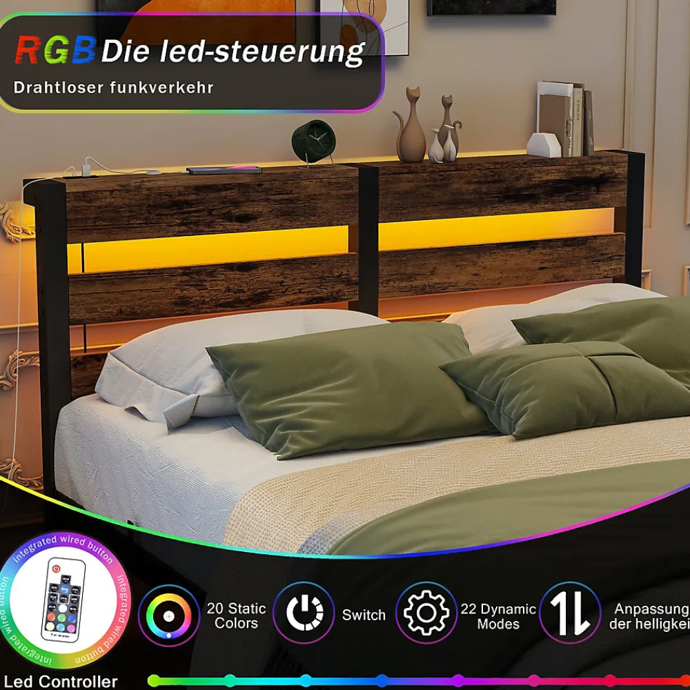 Lit Simple 120x200 cm, Lit Métal Ado avec Éclairage LED et Prises USB, Rangement dessous, Sans Matelas, Métal et Bois, Noir, Brun>Okwish Online