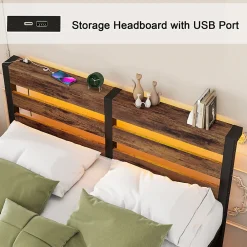 Lit Simple 120x200 cm, Lit Métal Ado avec Éclairage LED et Prises USB, Rangement dessous, Sans Matelas, Métal et Bois, Noir, Brun><noscript><img width=