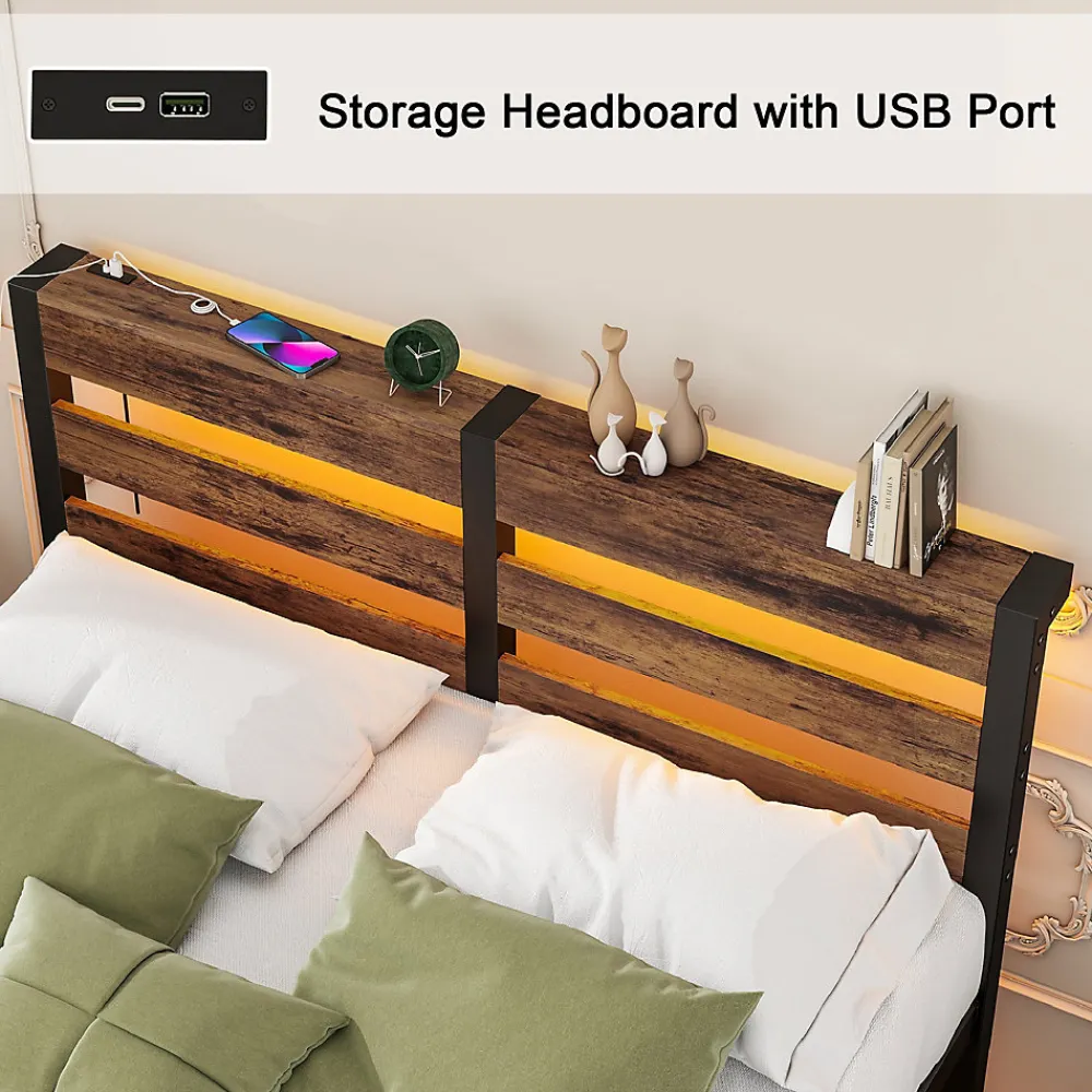 Lit Simple 120x200 cm, Lit Métal Ado avec Éclairage LED et Prises USB, Rangement dessous, Sans Matelas, Métal et Bois, Noir, Brun>Okwish Online