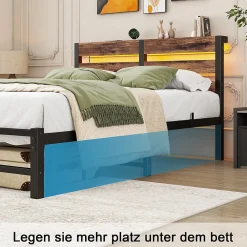 Lit Simple 120x200 cm, Lit Métal Ado avec Éclairage LED et Prises USB, Rangement dessous, Sans Matelas, Métal et Bois, Noir, Brun><noscript><img width=