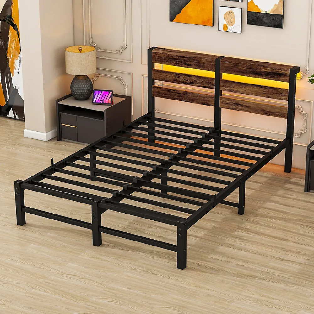 Lit Simple 120x200 cm, Lit Métal Ado avec Éclairage LED et Prises USB, Rangement dessous, Sans Matelas, Métal et Bois, Noir, Brun>Okwish Online