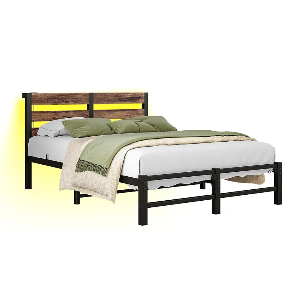 Lit Simple 120x200 cm, Lit Métal Ado avec Éclairage LED et Prises USB, Rangement dessous, Sans Matelas, Métal et Bois, Noir, Brun>Okwish Online