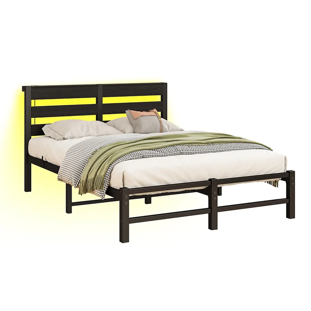 Okwish Lit Simple 120x200 cm, Lit Métal Ado avec Éclairage LED et Prises USB, Rangement dessous, Sans Matelas, Métal et Bois, Noir* Lit Simple