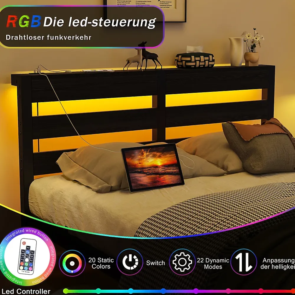 Okwish Lit Simple 120x200 cm, Lit Métal Ado avec Éclairage LED et Prises USB, Rangement dessous, Sans Matelas, Métal et Bois, Noir* Lit Simple