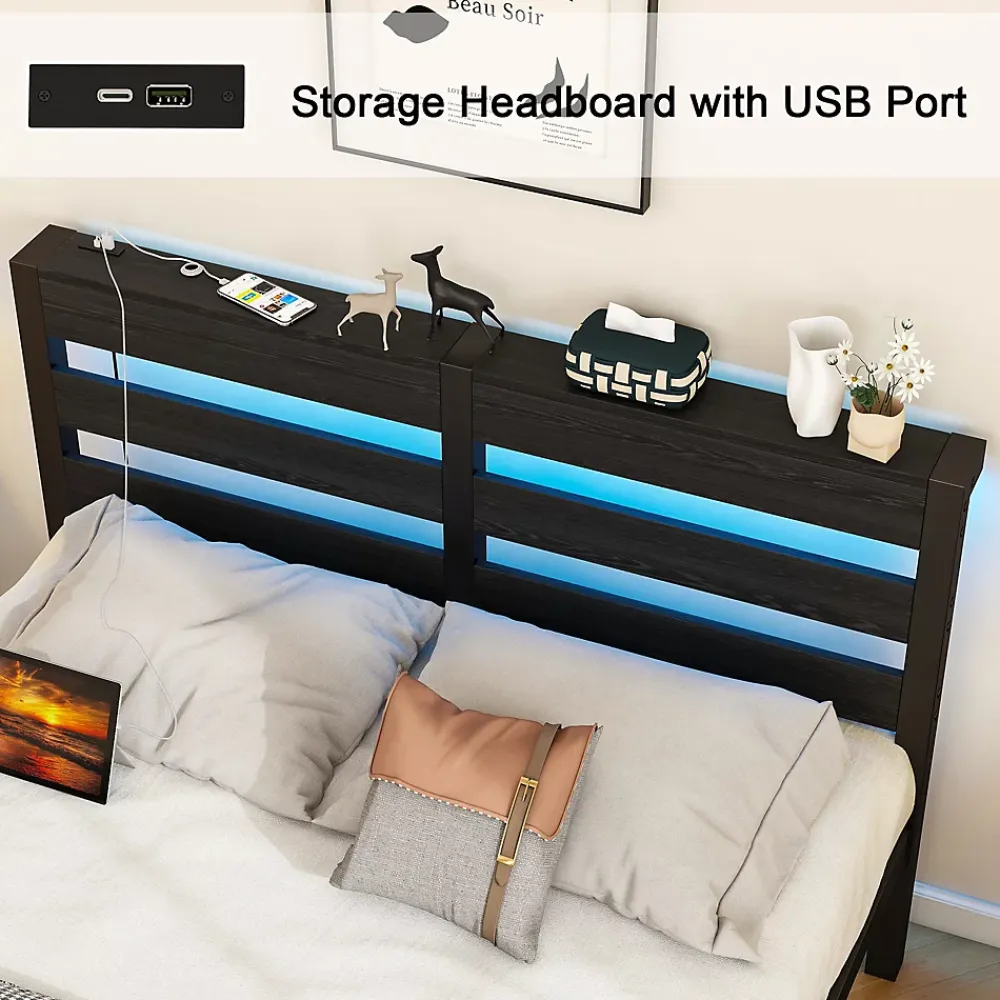 Okwish Lit Simple 120x200 cm, Lit Métal Ado avec Éclairage LED et Prises USB, Rangement dessous, Sans Matelas, Métal et Bois, Noir* Lit Simple