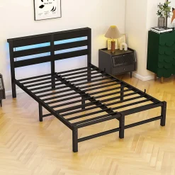 Okwish Lit Simple 120x200 cm, Lit Métal Ado avec Éclairage LED et Prises USB, Rangement dessous, Sans Matelas, Métal et Bois, Noir* Lit Simple