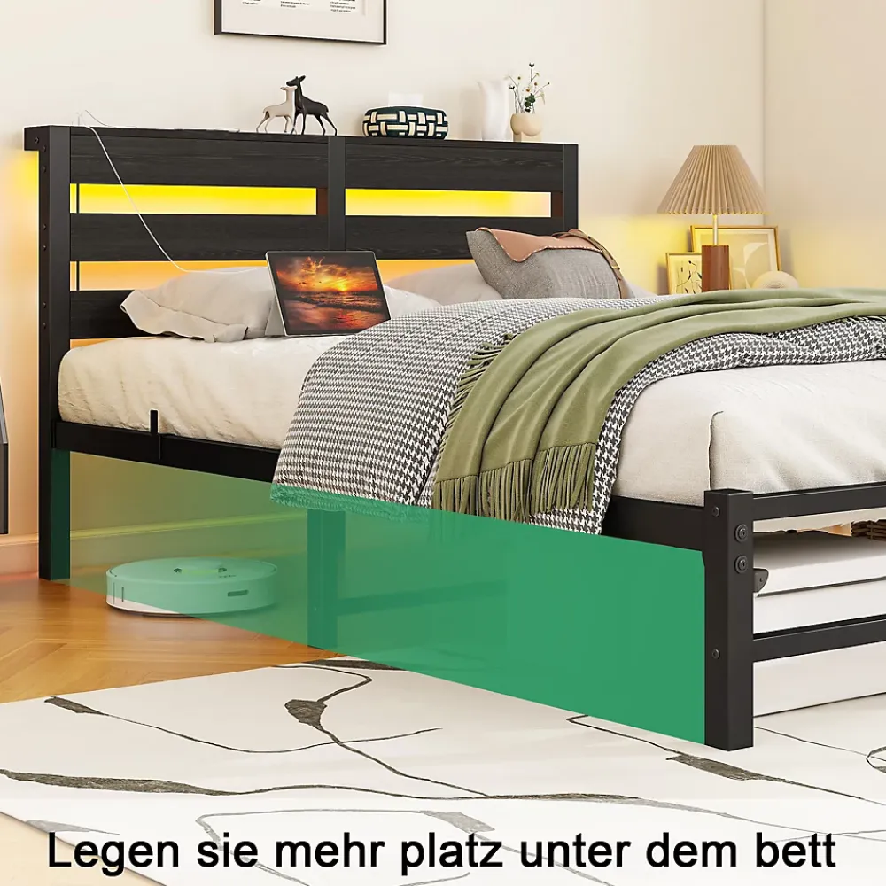 Okwish Lit Simple 120x200 cm, Lit Métal Ado avec Éclairage LED et Prises USB, Rangement dessous, Sans Matelas, Métal et Bois, Noir* Lit Simple