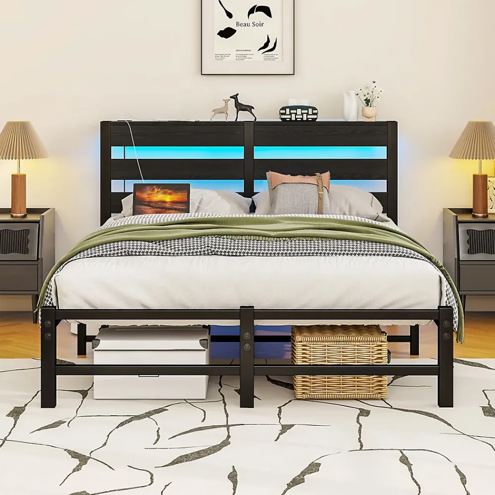 Okwish Lit Simple 120x200 cm, Lit Métal Ado avec Éclairage LED et Prises USB, Rangement dessous, Sans Matelas, Métal et Bois, Noir* Lit Simple
