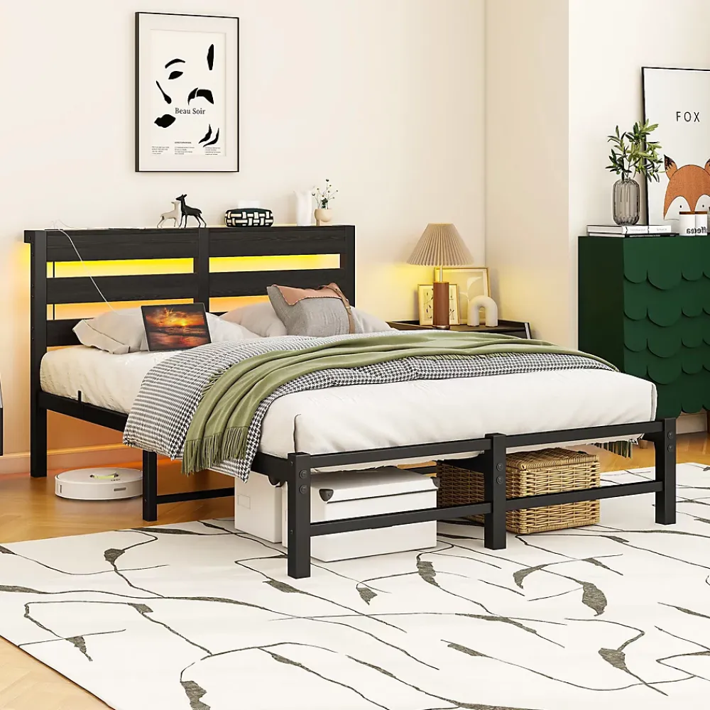 Okwish Lit Simple 120x200 cm, Lit Métal Ado avec Éclairage LED et Prises USB, Rangement dessous, Sans Matelas, Métal et Bois, Noir* Lit Simple