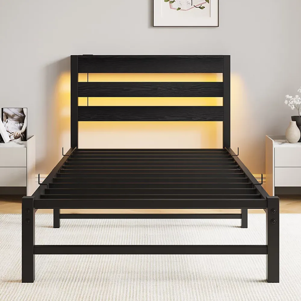 Okwish Lit Simple 90x200 cm, Lit Métal Ado avec Éclairage LED et Prises USB, Rangement dessous, Sans Matelas, Métal et Bois, Noir* Lit Simple