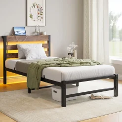 Lit Simple 90x200 cm, Lit Métal Ado avec Éclairage LED et Prises USB, Rangement dessous, Sans Matelas, Métal et Bois, Noir, Brun>Okwish Sale