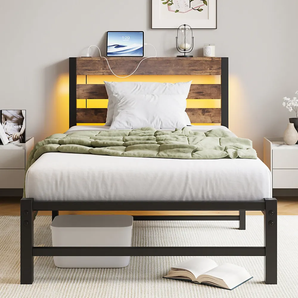 Lit Simple 90x200 cm, Lit Métal Ado avec Éclairage LED et Prises USB, Rangement dessous, Sans Matelas, Métal et Bois, Noir, Brun>Okwish Sale
