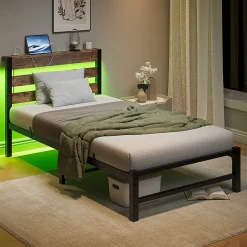 Lit Simple 90x200 cm, Lit Métal Ado avec Éclairage LED et Prises USB, Rangement dessous, Sans Matelas, Métal et Bois, Noir, Brun><noscript><img width=