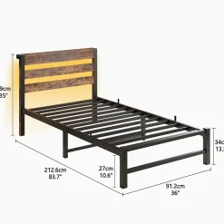 Lit Simple 90x200 cm, Lit Métal Ado avec Éclairage LED et Prises USB, Rangement dessous, Sans Matelas, Métal et Bois, Noir, Brun><noscript><img width=