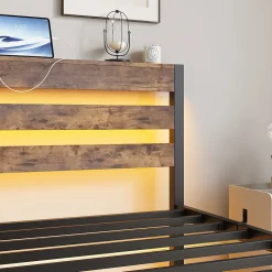 Lit Simple 90x200 cm, Lit Métal Ado avec Éclairage LED et Prises USB, Rangement dessous, Sans Matelas, Métal et Bois, Noir, Brun><noscript><img width=