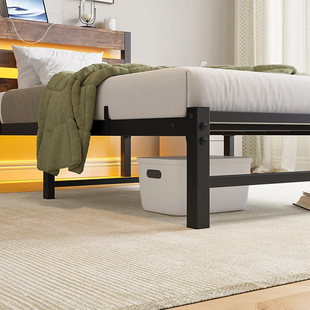Lit Simple 90x200 cm, Lit Métal Ado avec Éclairage LED et Prises USB, Rangement dessous, Sans Matelas, Métal et Bois, Noir, Brun>Okwish Sale
