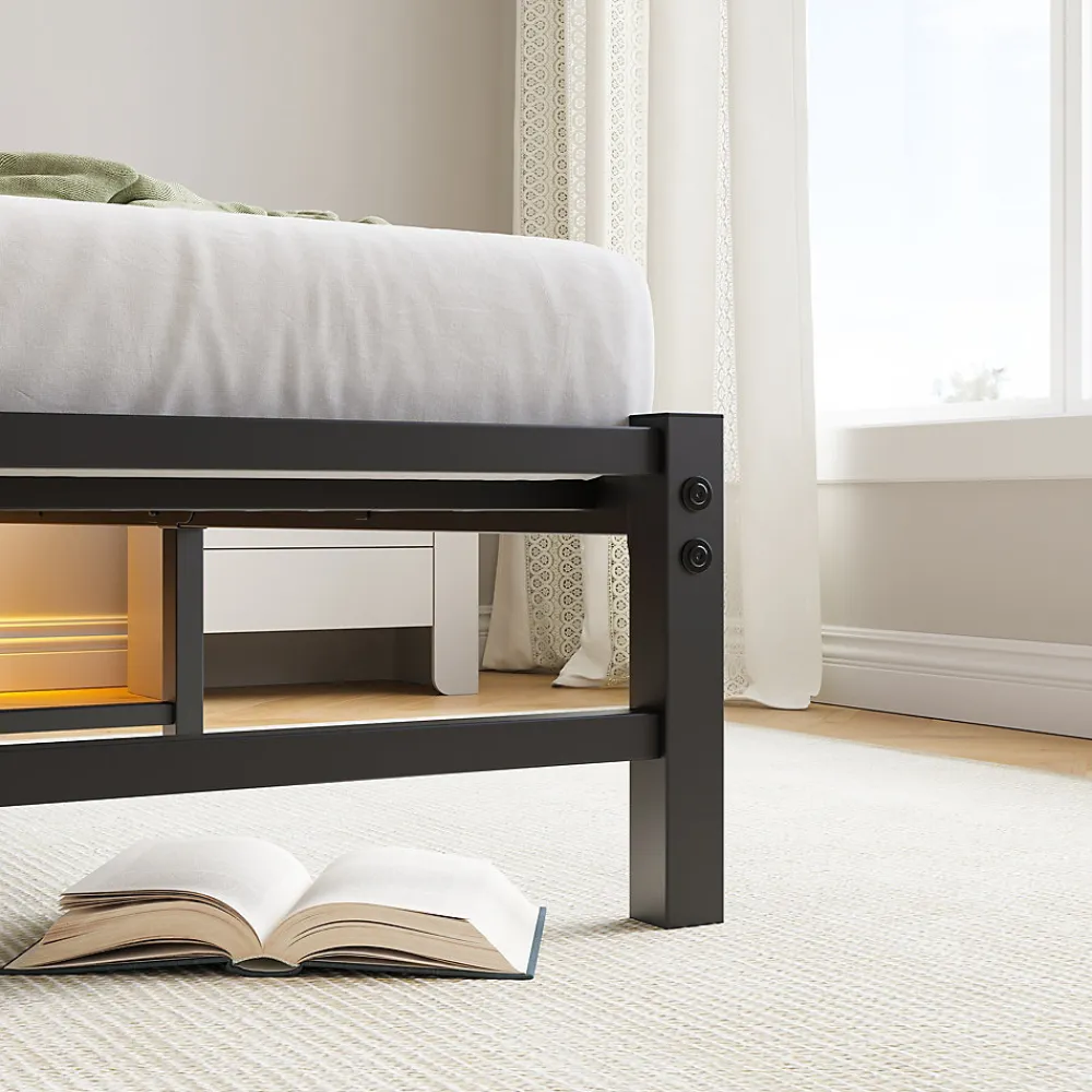 Lit Simple 90x200 cm, Lit Métal Ado avec Éclairage LED et Prises USB, Rangement dessous, Sans Matelas, Métal et Bois, Noir, Brun>Okwish Sale