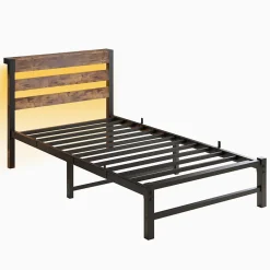 Lit Simple 90x200 cm, Lit Métal Ado avec Éclairage LED et Prises USB, Rangement dessous, Sans Matelas, Métal et Bois, Noir, Brun><noscript><img width=