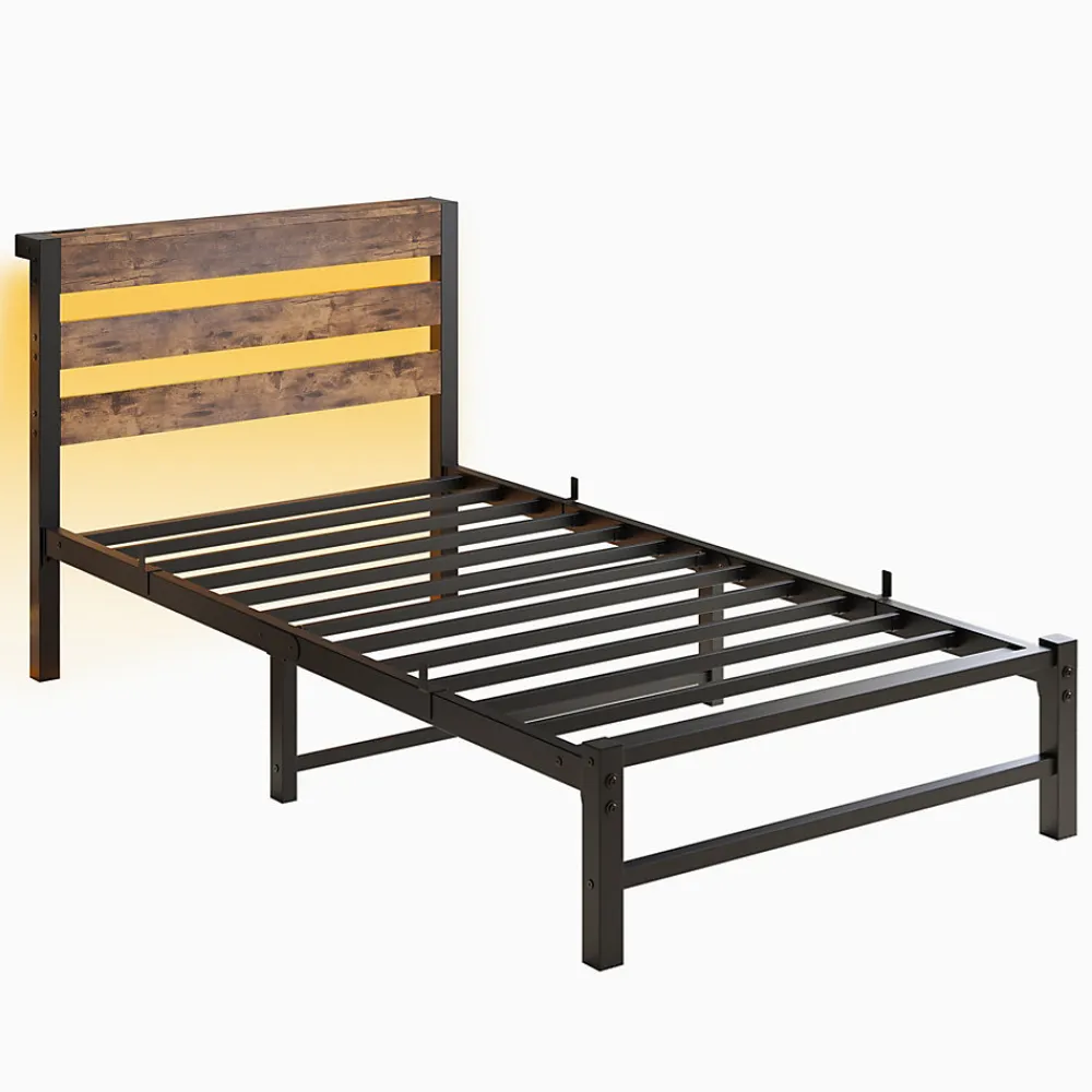 Lit Simple 90x200 cm, Lit Métal Ado avec Éclairage LED et Prises USB, Rangement dessous, Sans Matelas, Métal et Bois, Noir, Brun>Okwish Sale