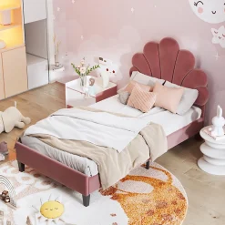 ProximaX Lit simple 90x200 cm rouge, rembourré velours, tête fleur, sommier à lattes, cadre stable, idéal pour enfant* Lit Coffre