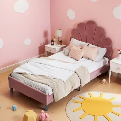 ProximaX Lit simple 90x200 cm rouge, rembourré velours, tête fleur, sommier à lattes, cadre stable, idéal pour enfant* Lit Coffre