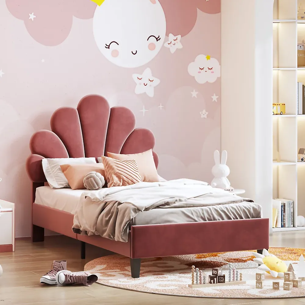 ProximaX Lit simple 90x200 cm rouge, rembourré velours, tête fleur, sommier à lattes, cadre stable, idéal pour enfant* Lit Coffre