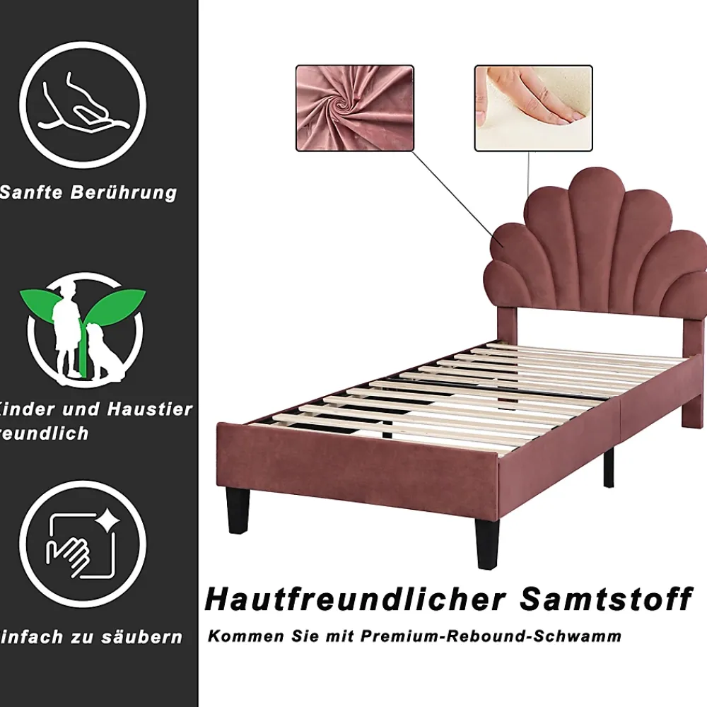 ProximaX Lit simple 90x200 cm rouge, rembourré velours, tête fleur, sommier à lattes, cadre stable, idéal pour enfant* Lit Coffre