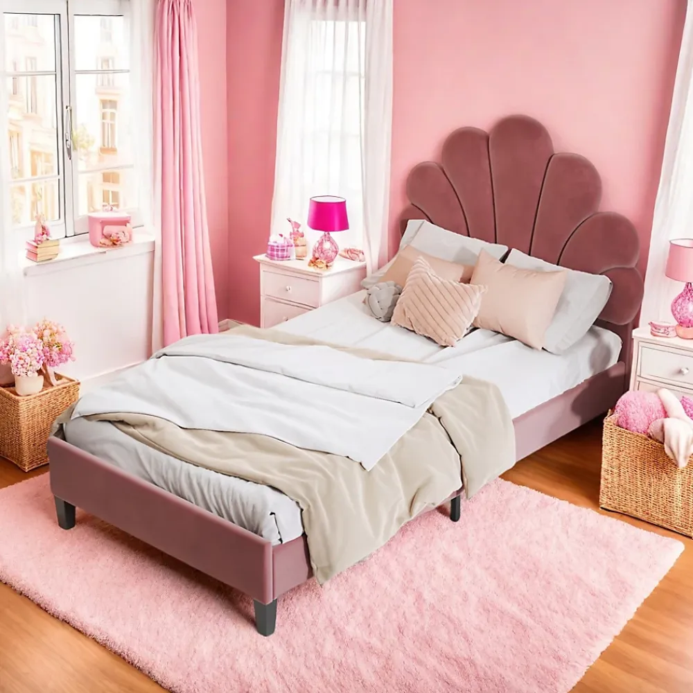 ProximaX Lit simple 90x200 cm rouge, rembourré velours, tête fleur, sommier à lattes, cadre stable, idéal pour enfant* Lit Coffre