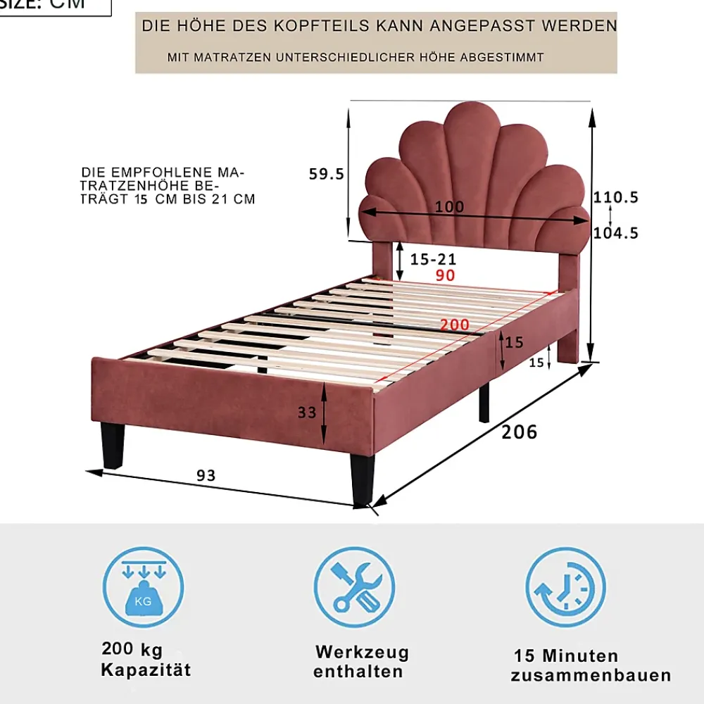 ProximaX Lit simple 90x200 cm rouge, rembourré velours, tête fleur, sommier à lattes, cadre stable, idéal pour enfant* Lit Coffre