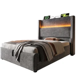 Blackcolors Lit simple 90x200 cm, tête haute, LED/USB, hydraulique, lin - gris* Lit Coffre