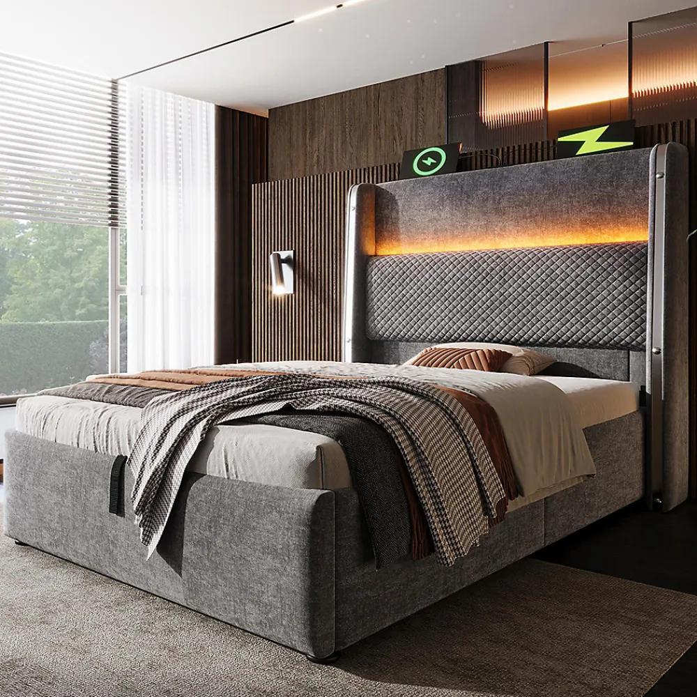 Blackcolors Lit simple 90x200 cm, tête haute, LED/USB, hydraulique, lin - gris* Lit Coffre