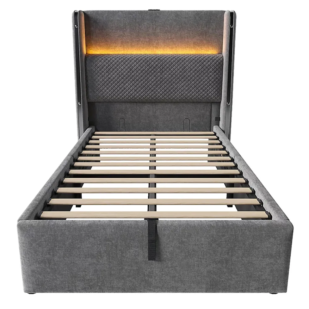 Blackcolors Lit simple 90x200 cm, tête haute, LED/USB, hydraulique, lin - gris* Lit Coffre