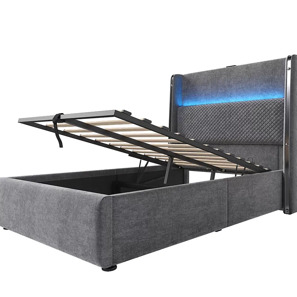 Blackcolors Lit simple 90x200 cm, tête haute, LED/USB, hydraulique, lin - gris* Lit Coffre