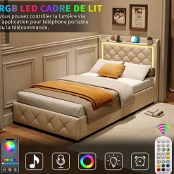 Lit simple 90x200 cm velours beige avec tiroirs, rangement tête et lit à gaz, LED, ports USB et Type-C, design moderne><noscript><img width=