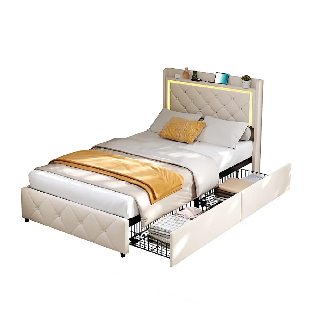 Lit simple 90x200 cm velours beige avec tiroirs, rangement tête et lit à gaz, LED, ports USB et Type-C, design moderne>ProximaX Online