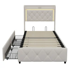 Lit simple 90x200 cm velours beige avec tiroirs, rangement tête et lit à gaz, LED, ports USB et Type-C, design moderne><noscript><img width=
