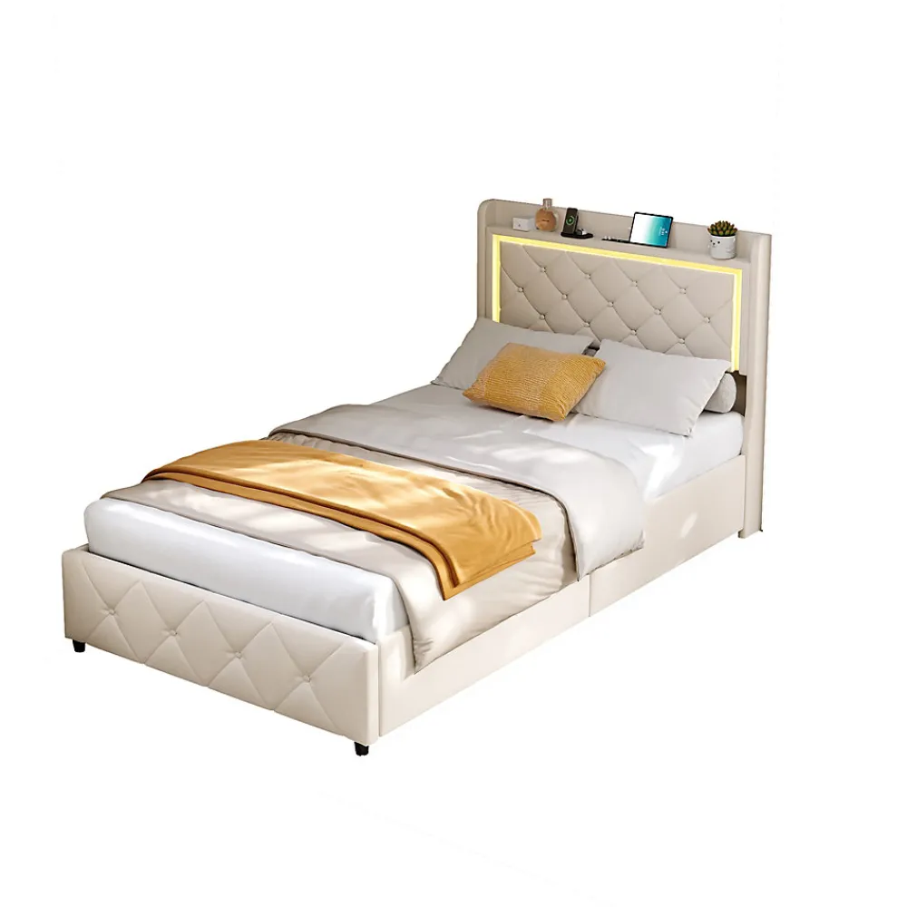 Lit simple 90x200 cm velours beige avec tiroirs, rangement tête et lit à gaz, LED, ports USB et Type-C, design moderne>ProximaX Online