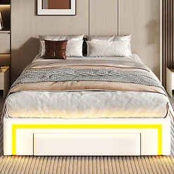 ModernLuxe Lit simple 90x200cm - 2 tiroirs - sans tête de lit - LED - blanc (matelas non inclus)* Lit Simple