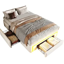 ModernLuxe Lit simple 90x200cm - 2 tiroirs - sans tête de lit - LED - blanc (matelas non inclus)* Lit Simple