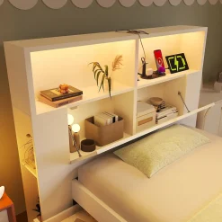 Lit simple 90x200cm - avec lumière LED et port USB - avec banc coffre - grand espace de rangement - Blanc (sans matelas)><noscript><img width=