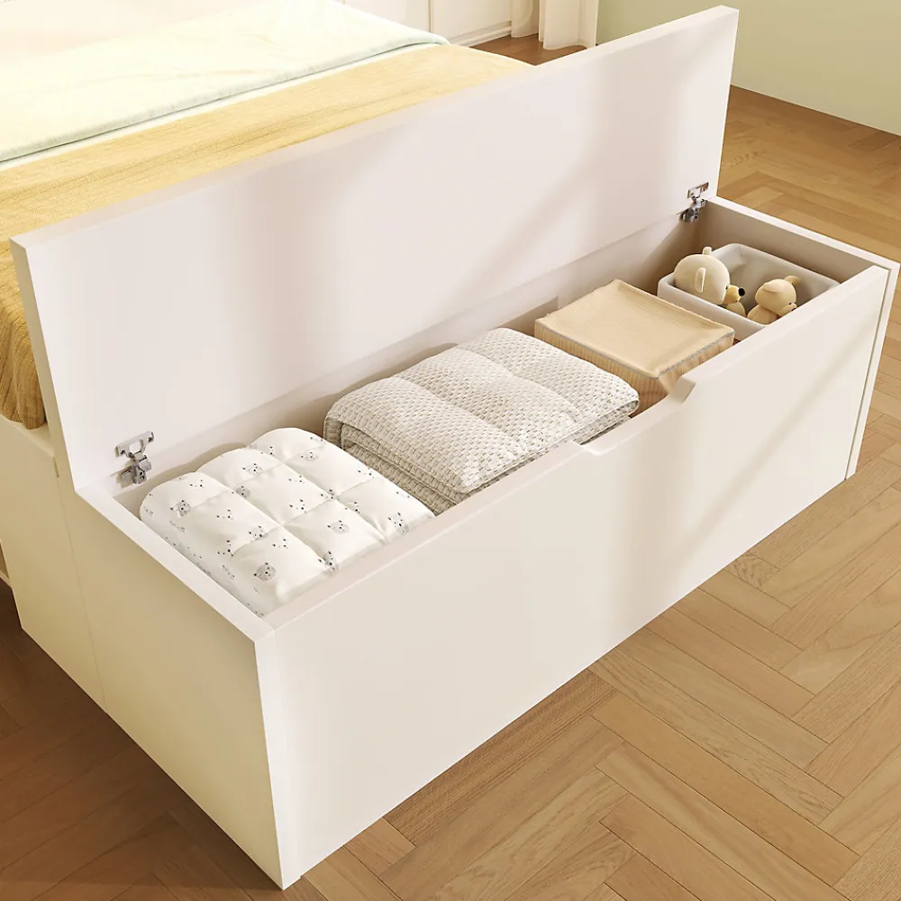 Lit simple 90x200cm - avec lumière LED et port USB - avec banc coffre - grand espace de rangement - Blanc (sans matelas)>ModernLuxe New