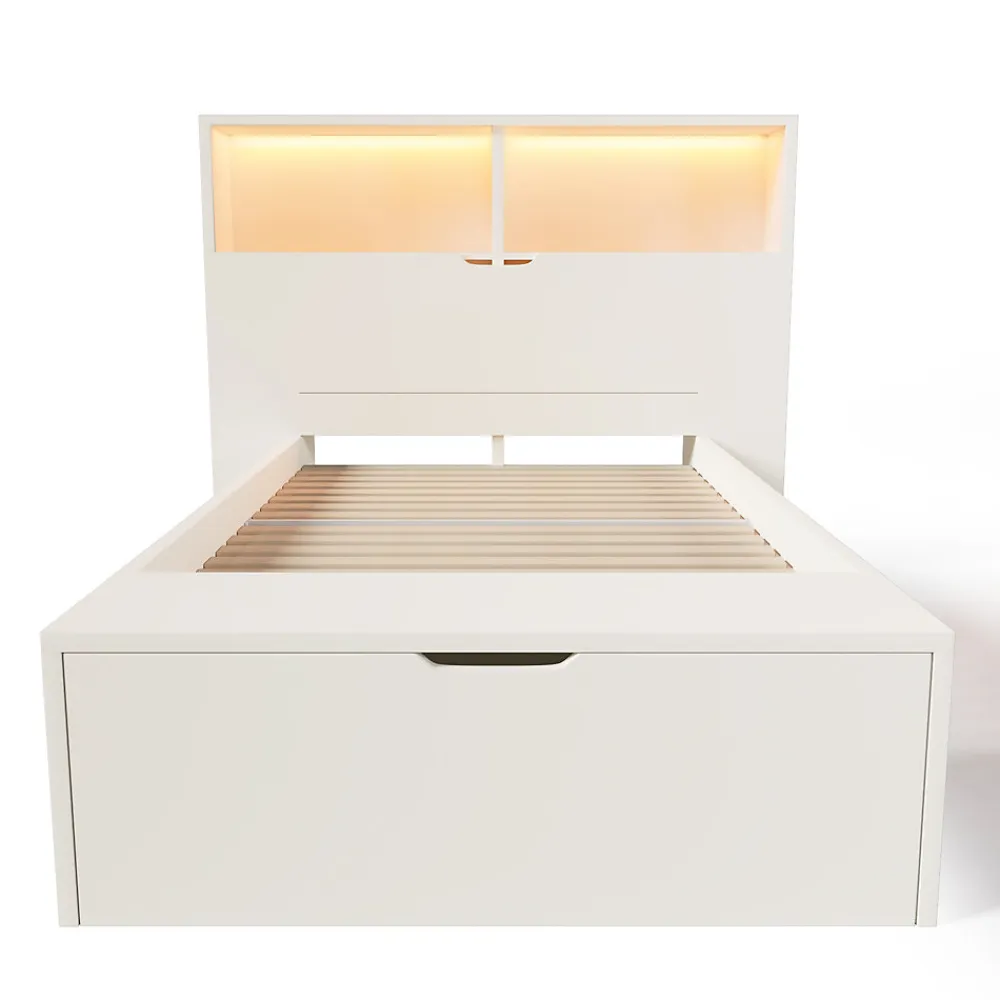 Lit simple 90x200cm - avec lumière LED et port USB - avec banc coffre - grand espace de rangement - Blanc (sans matelas)>ModernLuxe New