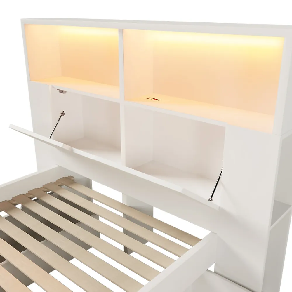 Lit simple 90x200cm - avec lumière LED et port USB - avec banc coffre - grand espace de rangement - Blanc (sans matelas)>ModernLuxe New