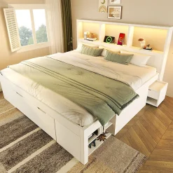 Lit simple 140x200cm - LED - USB-C - rangements - table de chevet mobile - blanc (matelas non inclus)>ModernLuxe Hot